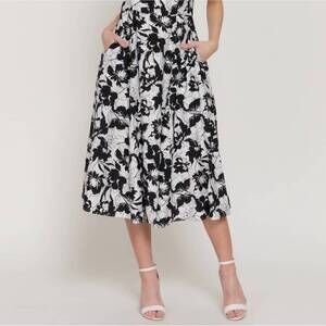 NEW ACTIVE BASIC square neckline printed full dress in ivory/black